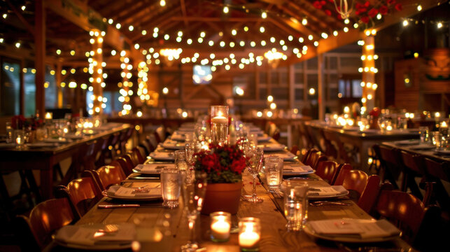 A rustic wedding reception in a barn, with wooden tables, fairy lights hanging from the rafters, and candles on every table.