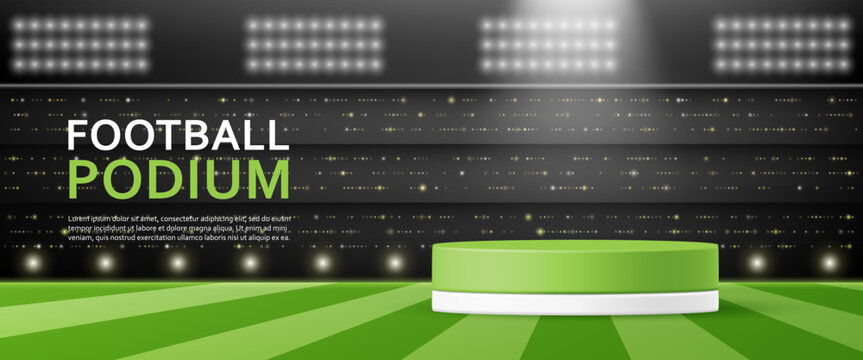 3D Football display cylinder stand podium banner. Green field in soccer stadium background for sport store, online shop, shoes and clothes soccer, discount promotion sale, social media, olympic games