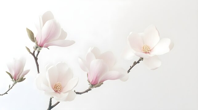 Watercolor magnolia blooms in soft pink and white tones, with minimal branch details, arranged on a light background, exuding a sense of quiet beauty and simplicity 
