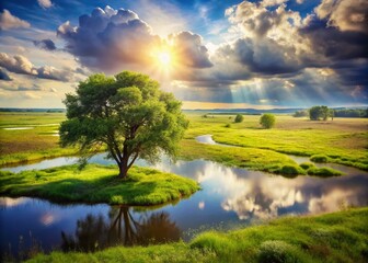 Lush Pastoral Landscape with Swamp and Meadow on a Sunny Summer Day