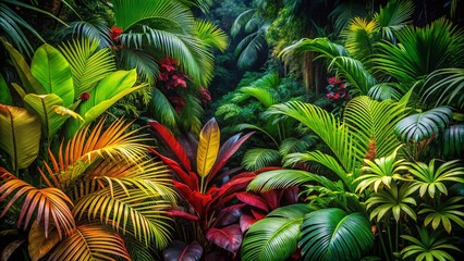 Lush rainforest foliage captured in macro photography, showcasing vibrant tropical plants and intricate leaves against a striking black background,
