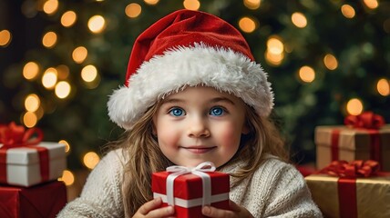 A young European girl in a Santa Claus outfit is in a beautifully lit house, holding a red gift boxes.