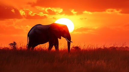 Naklejka premium Elephant Silhouette Against a Fiery Sunset