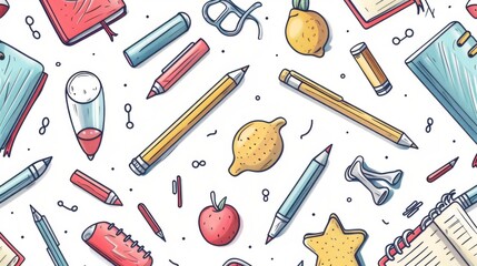 A detailed seamless pattern showcasing hand-drawn school supplies like pens, compasses, glue sticks, and notepads, rendered in a vector style, ideal for educational and back-to-school