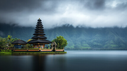A traditional Balinese temple stands on a small island in a tranquil lake, with mist-covered mountains in the background.