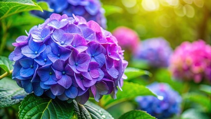 Vibrant hydrangea blooming under a break in the rainy season , hydrangea, flowers, rainy season, purple, garden, nature, bloom