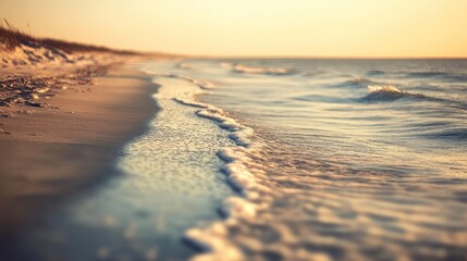 A serene beach scene at sunset with gentle waves lapping at the shore.