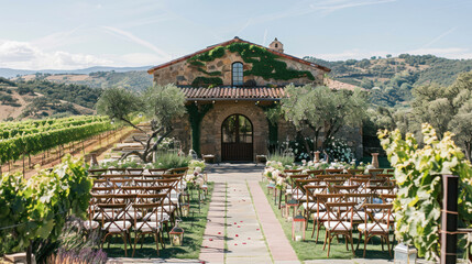 Obraz premium A vineyard wedding venue with rolling hills, grapevines, and a stone building as the backdrop for a beautiful outdoor ceremony.