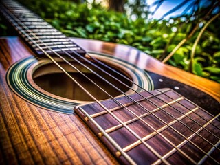 Obraz premium Macro Closeup of Acoustic Guitar Fretboard with Textures and Details for Music Enthusiasts and Photography Lovers