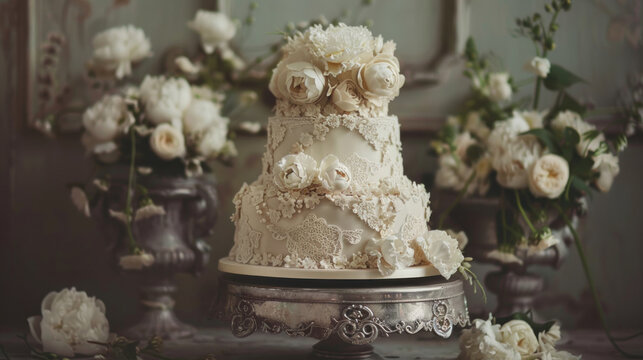 A vintage wedding cake with lace-like icing and delicate sugar flowers, displayed on an antique silver stand.