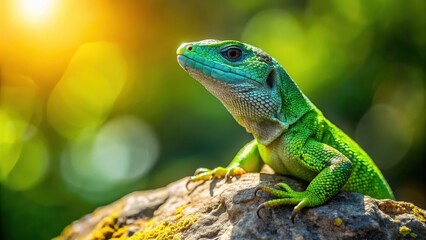 Naklejka premium Green lizard basking on a sunlit rock, lizard, reptile, nature, wildlife, green, sunny, outdoors, basking, rock, vibrant