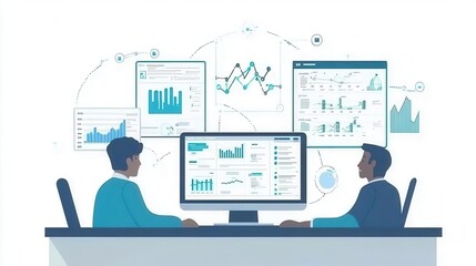 Two professionals analyzing data on multiple screens, showcasing teamwork and modern technology in a corporate setting.