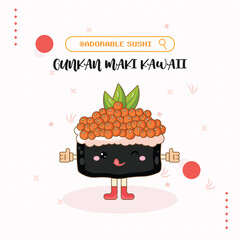 Cute Kawaii Gunkan Maki Sushi. Fun Food Character Design. A type of sushi where nori (seaweed) is wrapped around the rice to form a boat-like shape, typically topped with roe (fish eggs). 