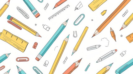 Obraz premium A detailed seamless pattern showcasing hand-drawn school supplies like pens, compasses, glue sticks, and notepads, rendered in a vector style, ideal for educational and back-to-school 