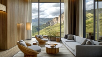 Obraz premium A luxurious two-story hotel room with natural oak slat wood paneling, grey sofas, and floor-to-ceiling windows offering panoramic views of the landscape.
