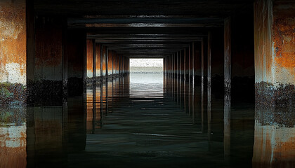 A view through the beams of a pier, with the water reflecting the sky and the distant horizon.
