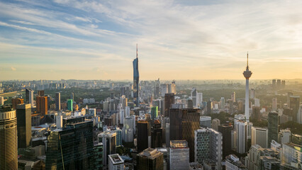 Obraz premium Aerial skyline at sunset cityscape of smart city in Kuala Lumpur, Malaysia on 11 October 2024
