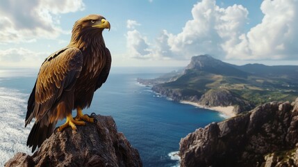 A majestic eagle perched on a rocky outcrop, with the ocean stretching out below
