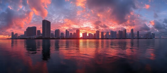 City skyline reflected in calm water with a vibrant, colorful sky at sunrise.