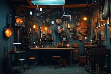 Obraz premium Enigmatic Steampunk Workshop with Vintage Decor and Ambient Lighting