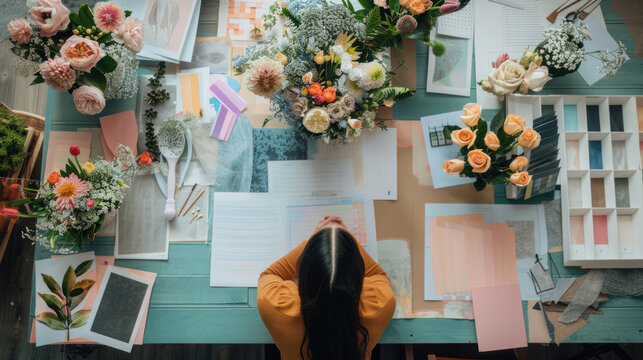 A wedding planner organizing seating charts, floral arrangements, and timelines on a stylish table surrounded by mood boards.
