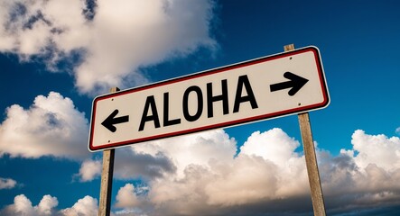 Obraz premium aloha text on road sign with clouds and sky background