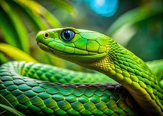 Fototapeta premium Macro Portrait of Green Mamba Snake in Dark Rainforest - Dendroaspis angusticeps