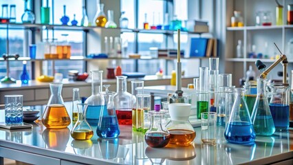 Cluttered lab bench with various bottles and beakers , laboratory, science, research, equipment, experimental