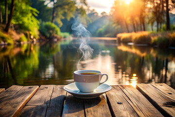 Cup of hot coffee subtle smoke on wooden river background.