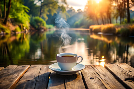 Cup of hot coffee subtle smoke on wooden river background.