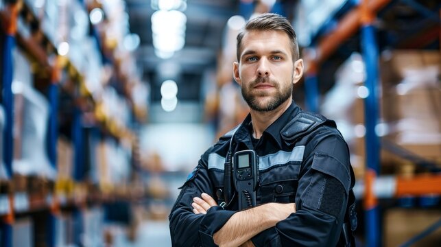 Nighttime Security Patrol in Warehouse with Flashlight and Radio Emphasizing Physical Monitoring Importance