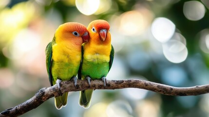 A pair of lovebirds snuggled closely together on a branch, creating a heartwarming moment