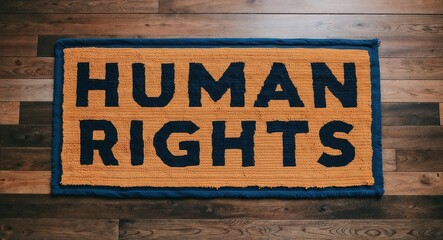 human rights text on mat rug in wooden floor background