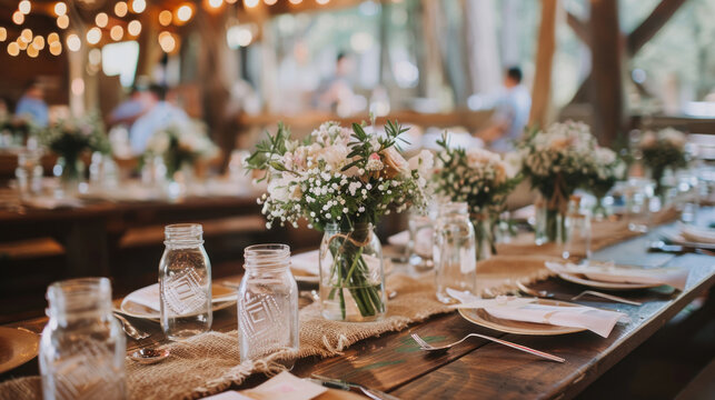 DIY wedding decor featuring hand-painted signs, mason jar centerpieces, and a rustic wooden backdrop made by the couple.