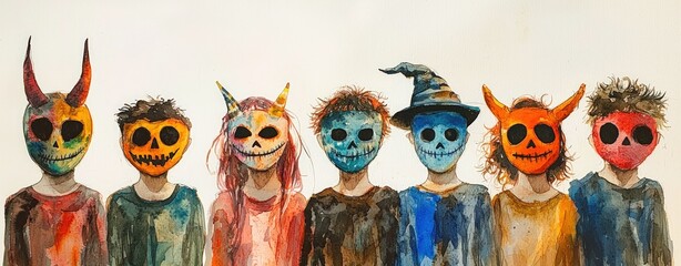 A colorful depiction of children wearing artistic skull face paint, showcasing various whimsical designs with a festive, playful theme.