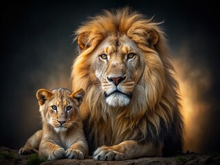 Majestic Male Lion with Baby Cub on Dark Background - Aerial Portrait Photography