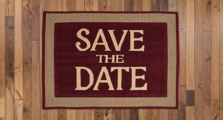 save the date text on mat rug in wooden floor background