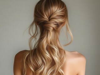Fototapeta premium back view of a young woman with perfect blonde hair styled in a low ponytail, capturing the essence of natural beauty and advanced hair care in a clean studio setting