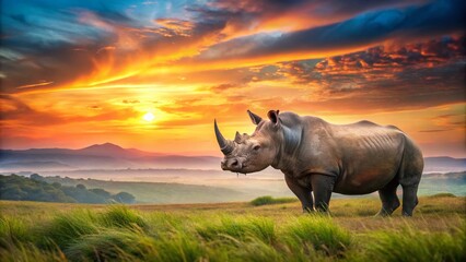 Fototapeta premium Majestic Rhino at Sunrise in Serene Landscape – Perfect for Nature Lovers and Wildlife Enthusiasts