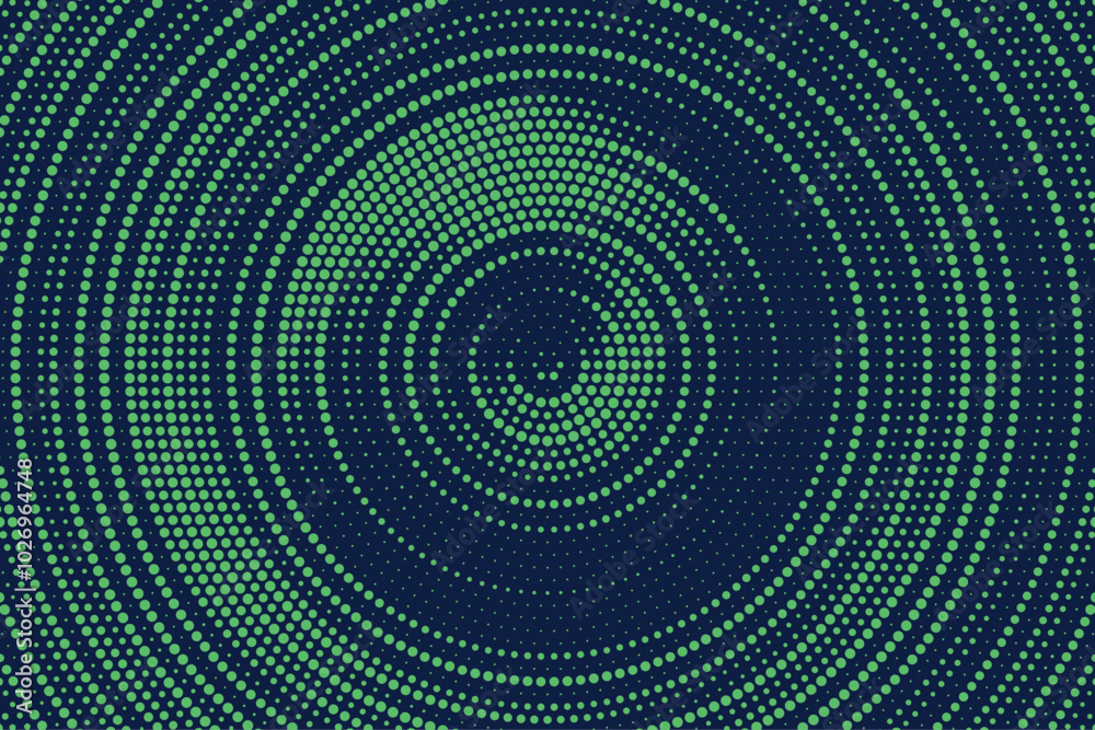 Aufkleber Radial halftone gradient background. Dotted concentric texture with fading effect. Blue and green circle shade wallpaper. Grunge rough vector. Monochrome backdrop