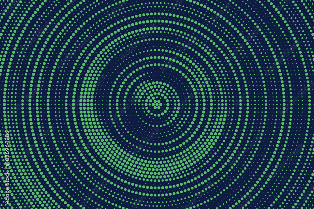 Aufkleber Radial halftone gradient background. Dotted concentric texture with fading effect. Blue and green circle shade wallpaper. Grunge rough vector. Monochrome backdrop