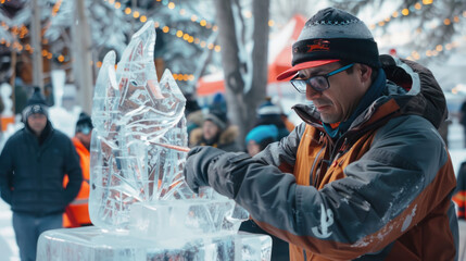 Ice carving competition at a winter festival, where artists create stunning, detailed sculptures from ice blocks while spectators watch.