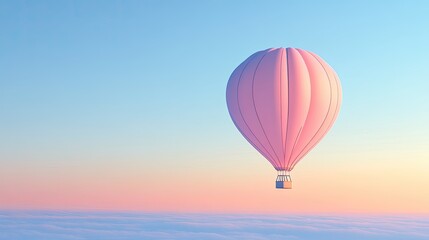 Fototapeta premium A pastel pink hot air balloon floating in a clear blue sky, with the horizon stretching out below