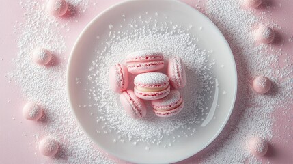 Obraz premium A pastel pink macaron neatly arranged on a white plate with powdered sugar dusted around it