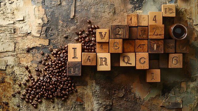 An artistic setup of wooden blocks displaying etched years, alongside a generous scattering of coffee beans, presented on a textured background that enhances the organic feel of the scene 