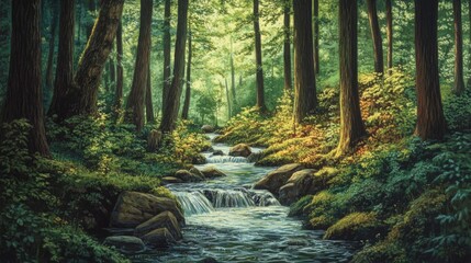 Obraz premium Sunlight filters through the canopy of trees in a lush forest, illuminating a winding stream that flows over rocks and moss.