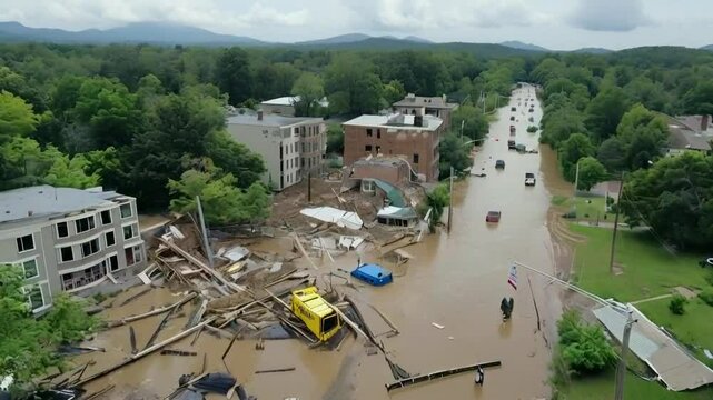 Aerial video of flooding damage and recovery one week after tropical storm Helene devastates Asheville, NC
