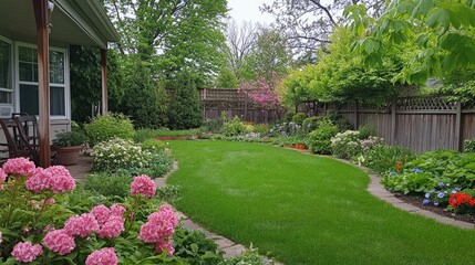 Naklejka premium A peaceful backyard with a green lawn, surrounded by flowering shrubs and a small vegetable garden, symbolizing suburban tranquility.