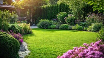 Fototapeta premium A peaceful backyard with a green lawn, surrounded by flowering shrubs and a small vegetable garden, symbolizing suburban tranquility.