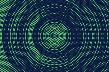 Radial halftone gradient background. Dotted concentric texture with fading effect. Blue and green circle shade wallpaper. Grunge rough vector. Monochrome backdrop